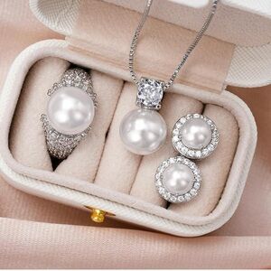 Elegant Aesthetic Jewelry Set for Women Pearl Necklace Earrings & Ring NIB Gift
